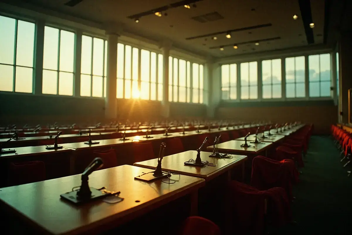 An empty conference hall with rows of desks and microphones