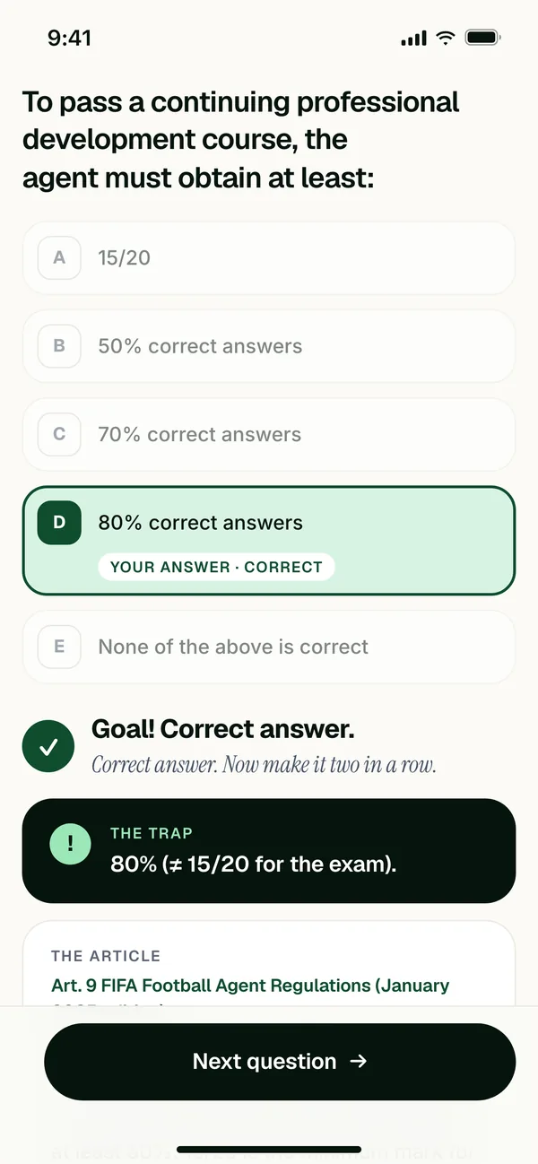 The Sport License Academy app: a corrected question, with the trap and the official article