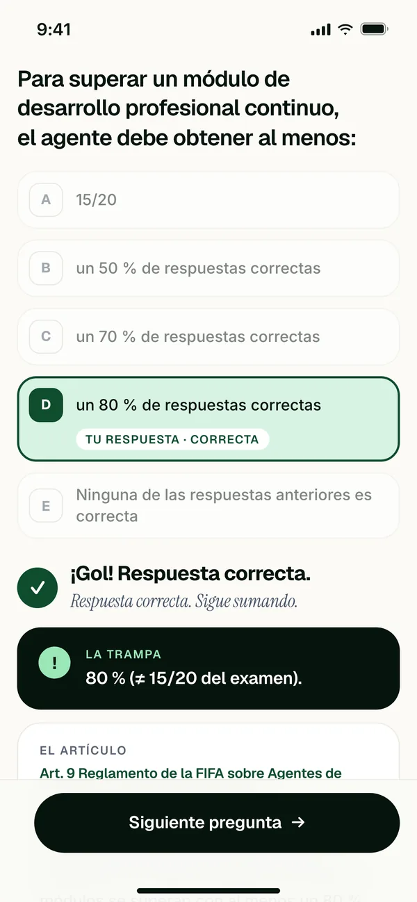 La app Sport License Academy: una pregunta corregida, con la trampa y el artículo oficial