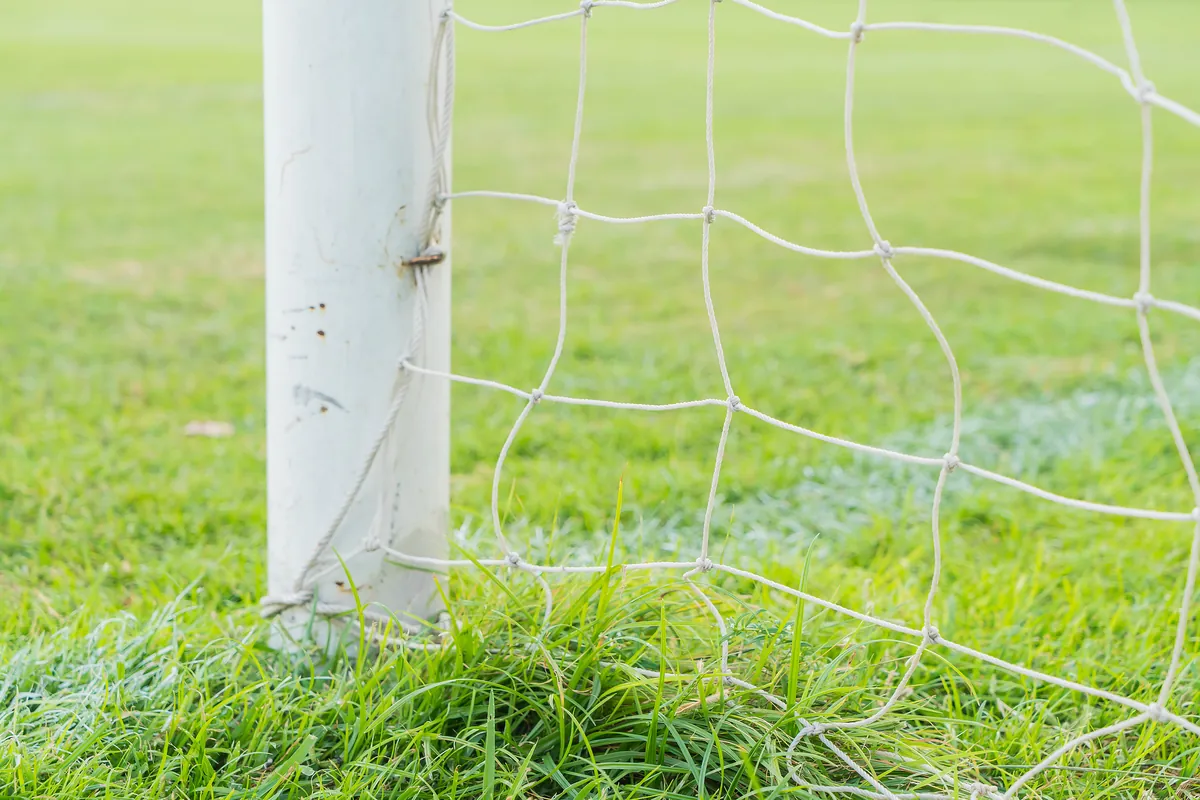 Le poteau et le filet d'un but de football, au ras de la pelouse