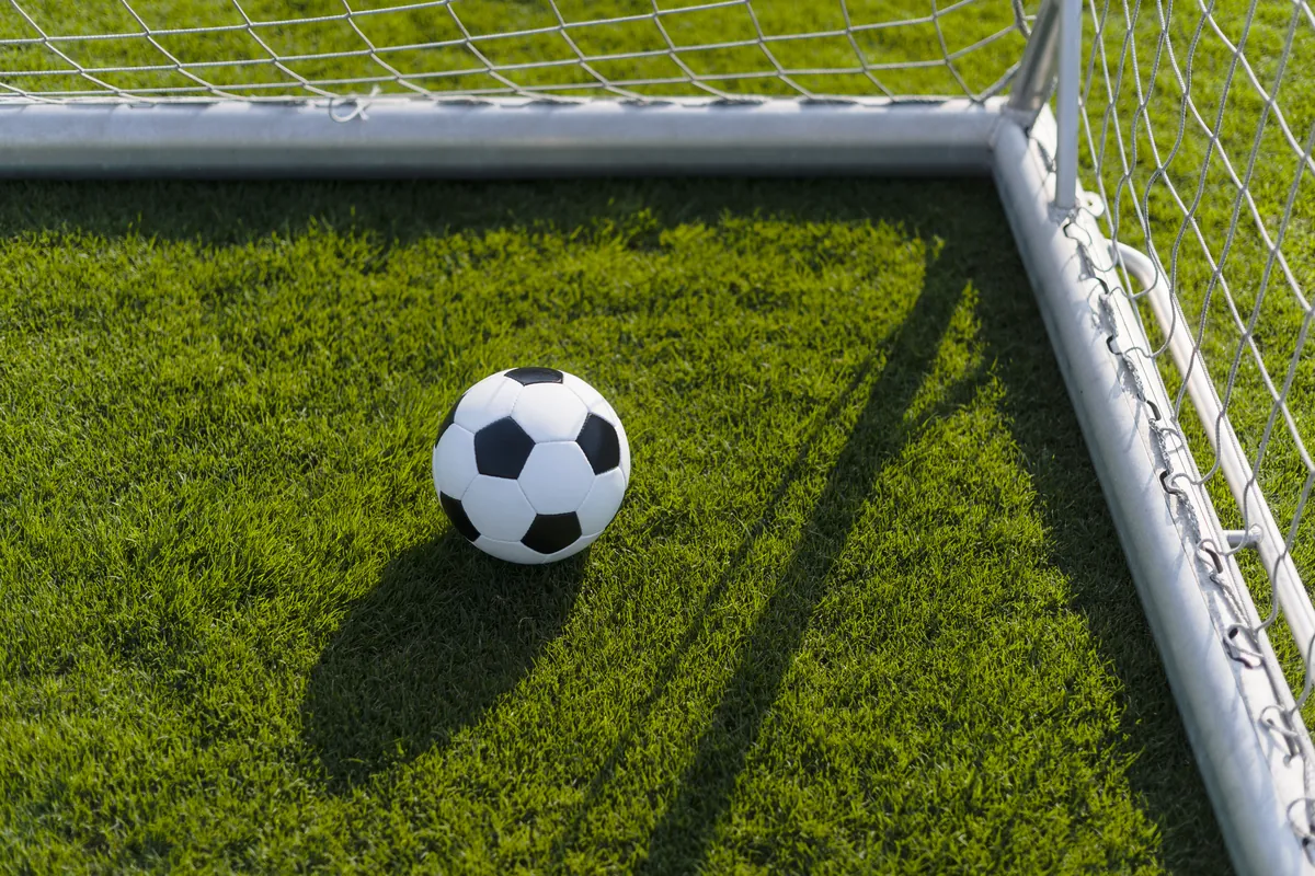 Un ballon de football posé sur la pelouse, au fond d'un but, près du poteau et du filet