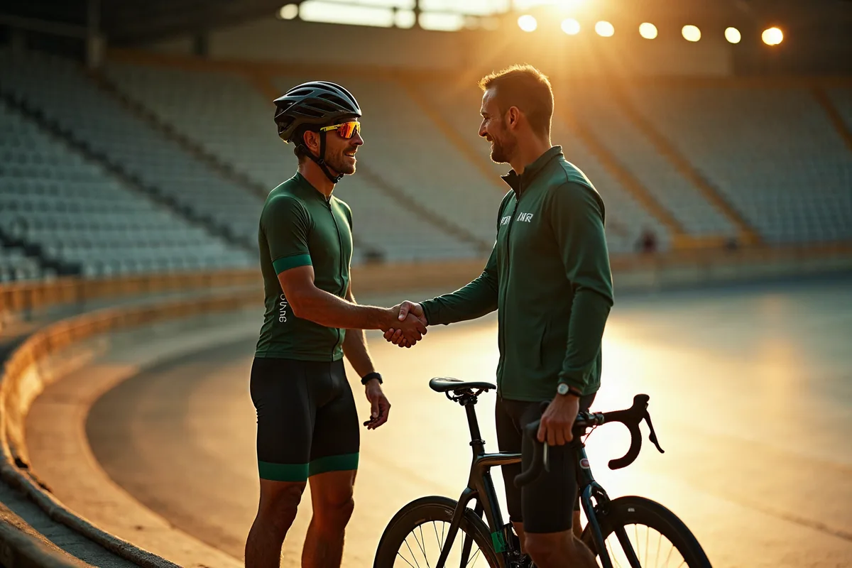 Un cycliste et un homme en veste se serrent la main sur la piste d'un vélodrome, au coucher du soleil