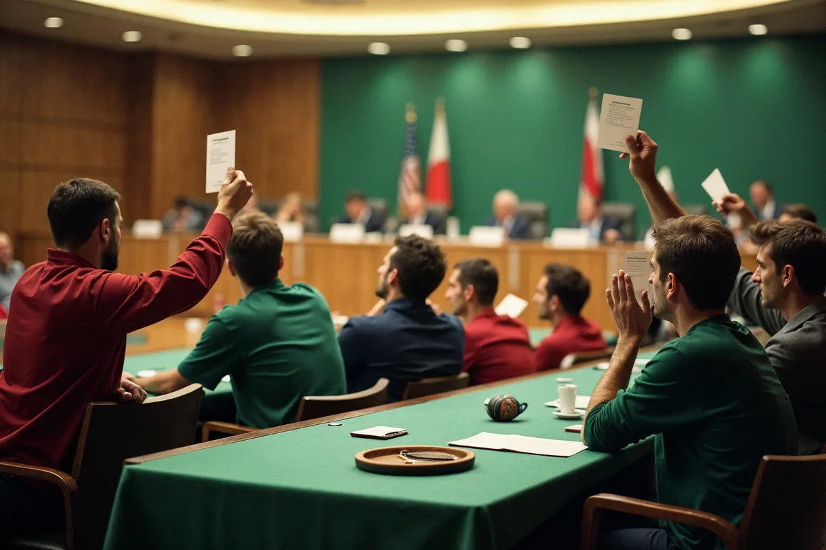 Des délégués lèvent leur carton de vote lors d'une assemblée sportive, autour de tables vertes
