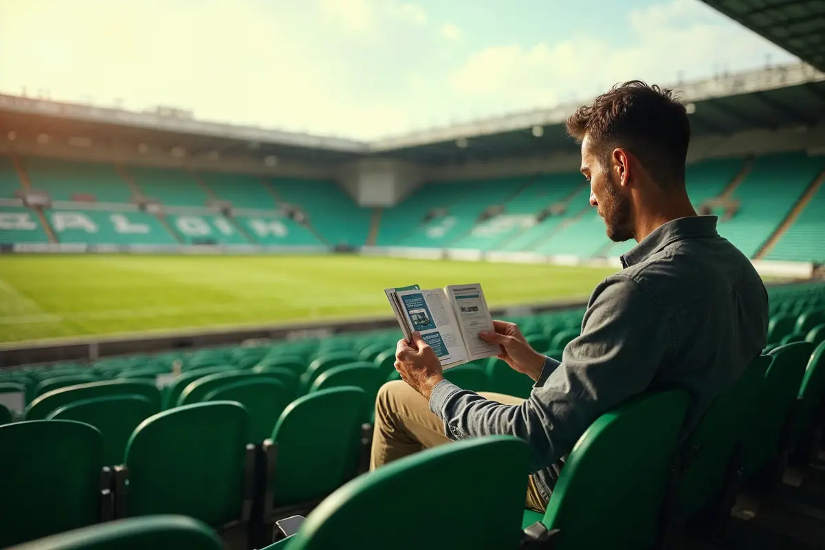 Un homme assis seul dans les tribunes vertes d'un stade vide lit des fiches de révision
