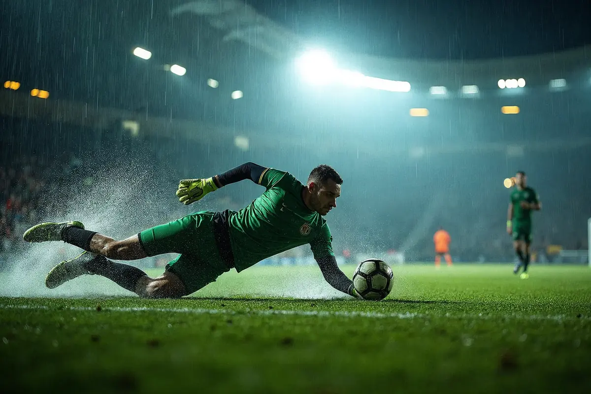 Gardien de but en maillot vert plongeant sur le ballon sous la pluie, dans un stade éclairé la nuit